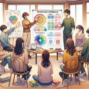 DALL·E 2024 04 11 08.27.05 A wide anime style illustration of a small group seminar specifically focusing on Emotional Intelligence EQ with intimate details that highlight t 1
