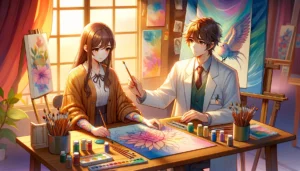 DALL·E 2024 04 16 07.16.30 A wide anime style illustration depicting two individuals engaged in art therapy. The scene is set in a warm inviting studio with art supplies like