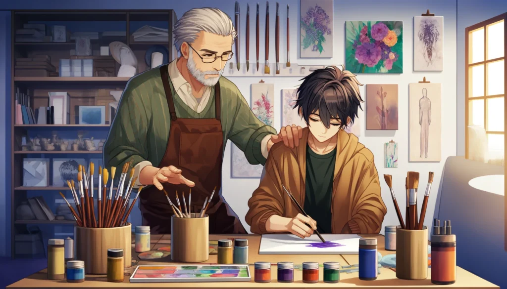 DALL·E 2024 04 16 07.16.38 A wide anime style illustration depicting an art therapy session led by a 50 year old male therapist and his participant. The scene is set in a cozy