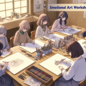 DALL·E 2024 05 27 06.21.34 A wide anime style illustration of a small drawing workshop titled Emotional Art Workshop with six Japanese female participants seated around a ta