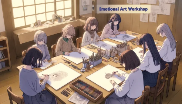 DALL·E 2024 05 27 06.21.34 A wide anime style illustration of a small drawing workshop titled Emotional Art Workshop with six Japanese female participants seated around a ta